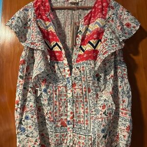 Letmebe Floral Ruffle V-Neck Top - Red & Blue Print